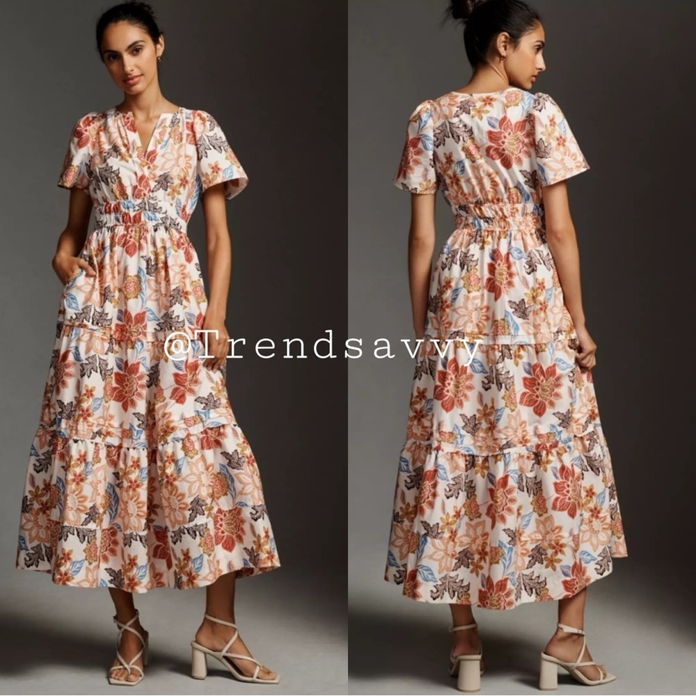 Anthropologie Somerset Cream Floral Cotton Maxi Dress Smocked Waist Garden Party